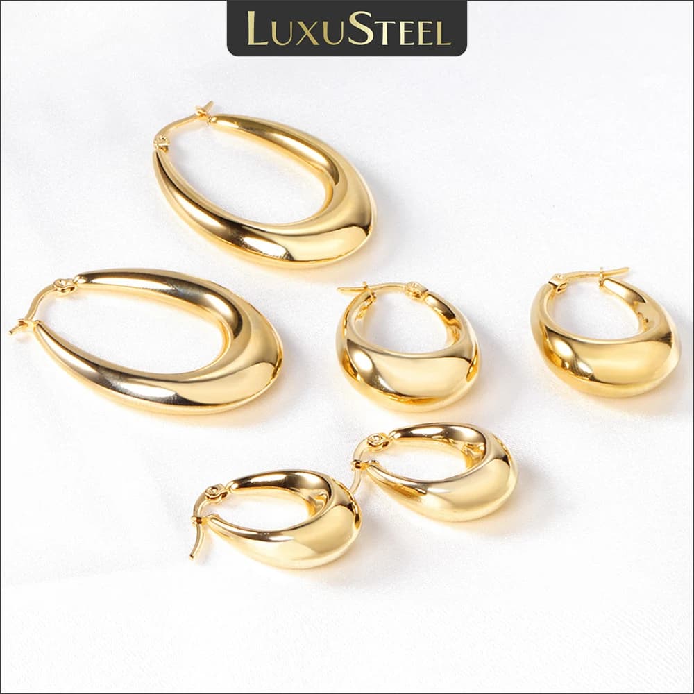 LUXUSTEEL Gothic Golden Oval Hoop Earrings For Women Stainless Steel Ear Jewelry Accessories Brinco Party Gift 10mm 13mm 20m