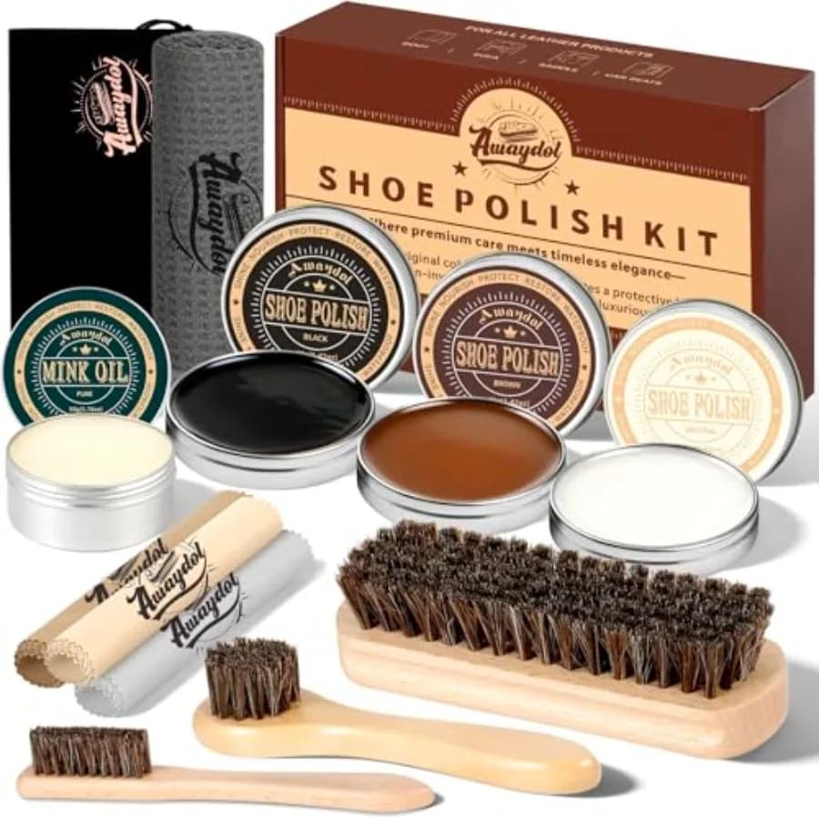 Kit per la cura delle scarpe da 10 pezzi - Spazzole in crine di cavallo, lucidante nero, marrone, neutro, olio di visone, balsamo per scarpe, panno per lucidatura, stivali in pelle