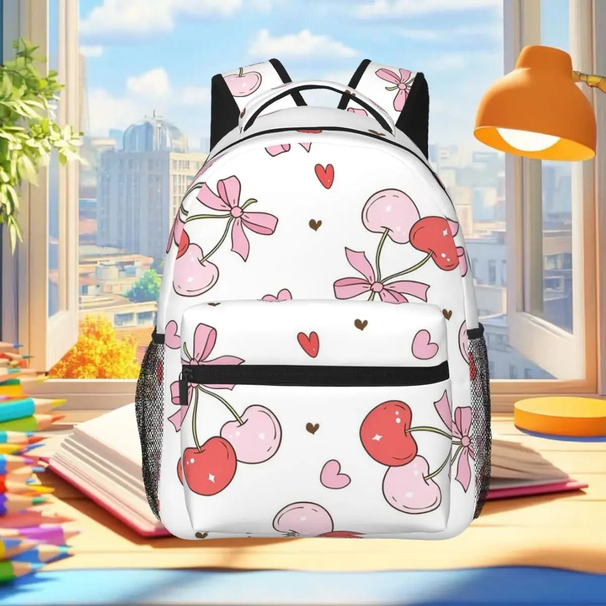 Cartoon Cherry Bow Cute Pattern Backpack Student Boys Girls BookBag Children School Bag Computer Shoulder Bags for Men Women
