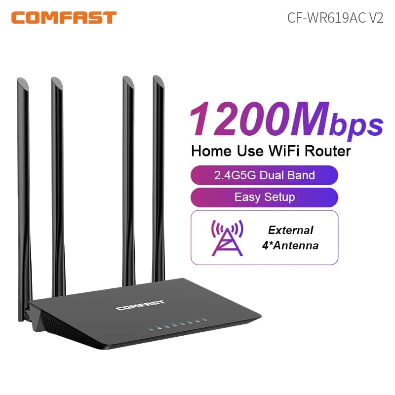 Router WiFi Comfast 1200Mbps 2.4G e 5.8GHz MU-MIMO Antenna 4 * 5dBi ad alto guadagno Copertura più ampia Potente router Gigabit Smart QoS