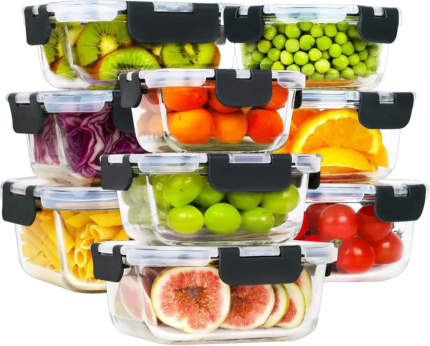 Set di 18 Contenitori in Vetro per Alimenti con Coperchi, Contenitori in Vetro per Preparazione Pasti, Scatole Bento Ermetiche, Senza BPA e a Prova di Perdite
