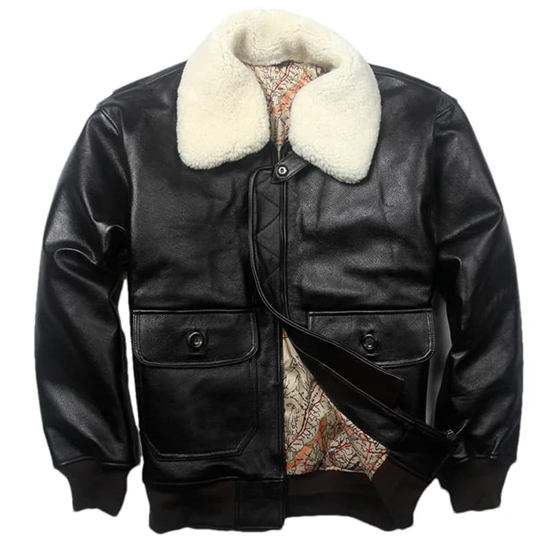Giacca in Pelle Nera Invernale da Uomo Stile Militare Taglia Europea Vera Pelle Bovina Spessa con Collo in Lana Cappotto da Volo G1