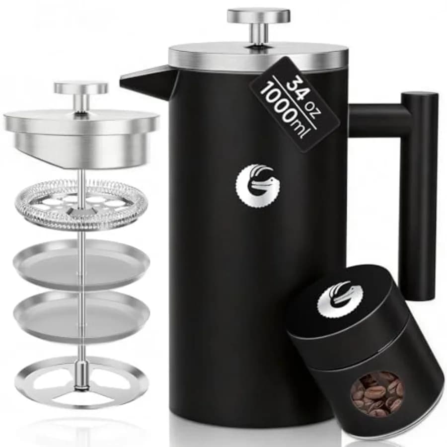 Caffettiera French Press in Acciaio Inox 304 da 34 oz, Teiera a Doppia Parete Isolata per Bevande Calde e Fredde con Sistema di Filtrazione a 4 Livelli