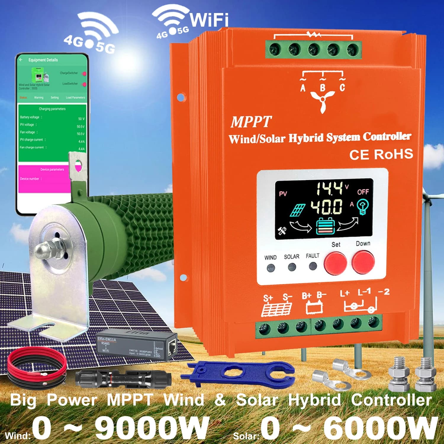 Regolatore di Carica Ibrido MPPT 3000W 4KW 12 24 48V per Generatore Eolico e Pannello Solare con Display LCD e Funzione Dump Load per Sistemi Domestici