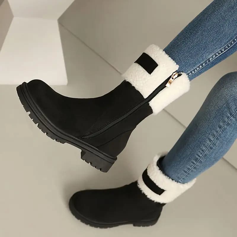 ORCHALISA Women Winter Warm Snow Mid Calf Boots Leisure Round Toe Flats Flock Suede Zipper Mixed Color Plus Size 46 47 48