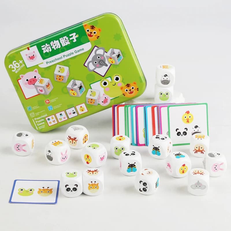 Giocattoli coordinati con dadi per animali in legno, illuminazione educativa, giochi cognitivi per bambini dai 3 ai 6 anni