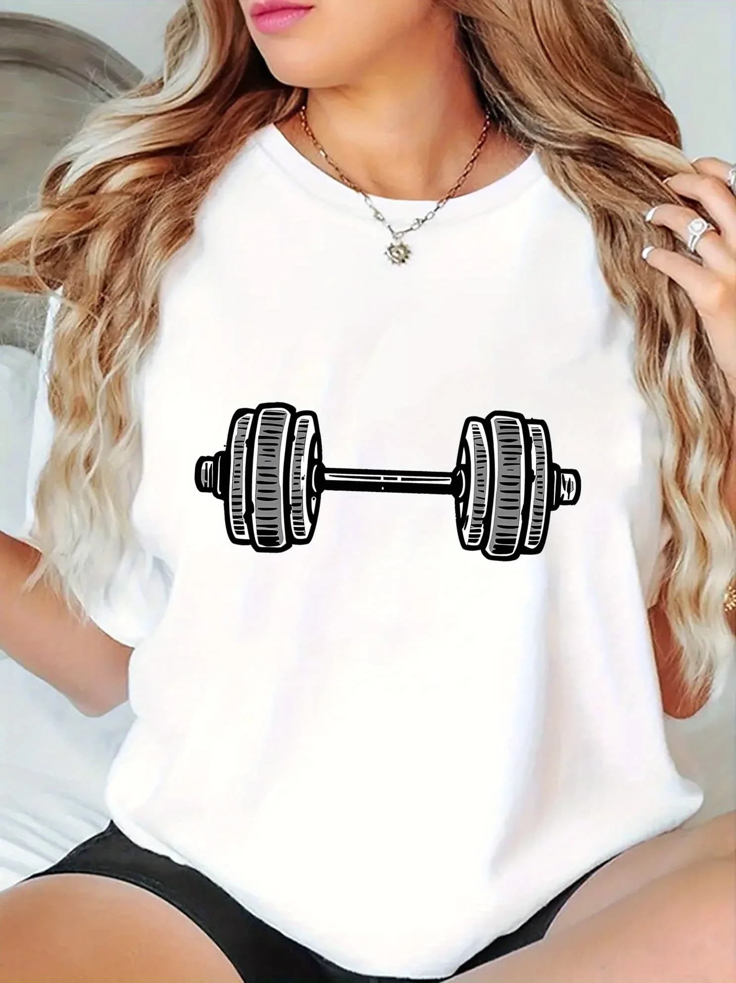 Women's casual fitness t-shirt with graphics with handlebars, brown sleeve, crew neck, comfortable summer top for relaxation of training