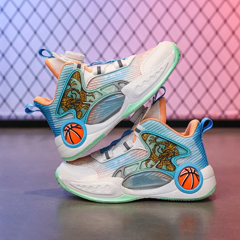 New breathable summer sneakers in children's net, non-slip and cushioning basketball shoes with rotating closure for boys