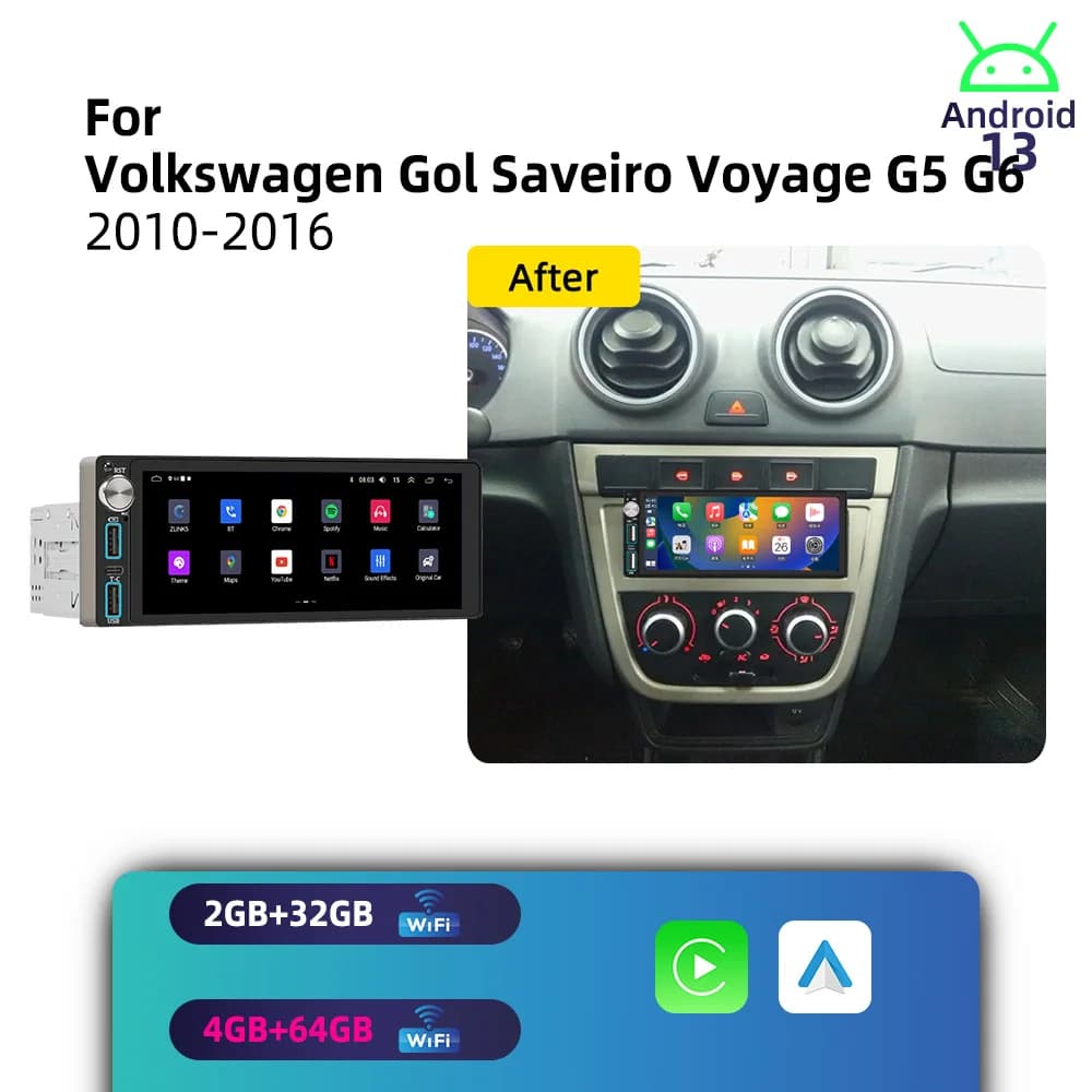 Car Multimedia for VW Volkswagen Gol Saveiro Voyage G5 G6 2010-2016 Android 1Din Car Stereo Autoradio Radio 6.86" Screen Carplay