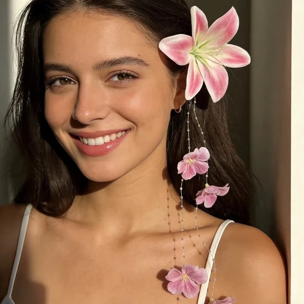 Fermaglio per capelli da donna vintage rosa con fiore di giglio dolce, petali in tessuto, nappa lunga, a becco d'anatra, per feste e vacanze