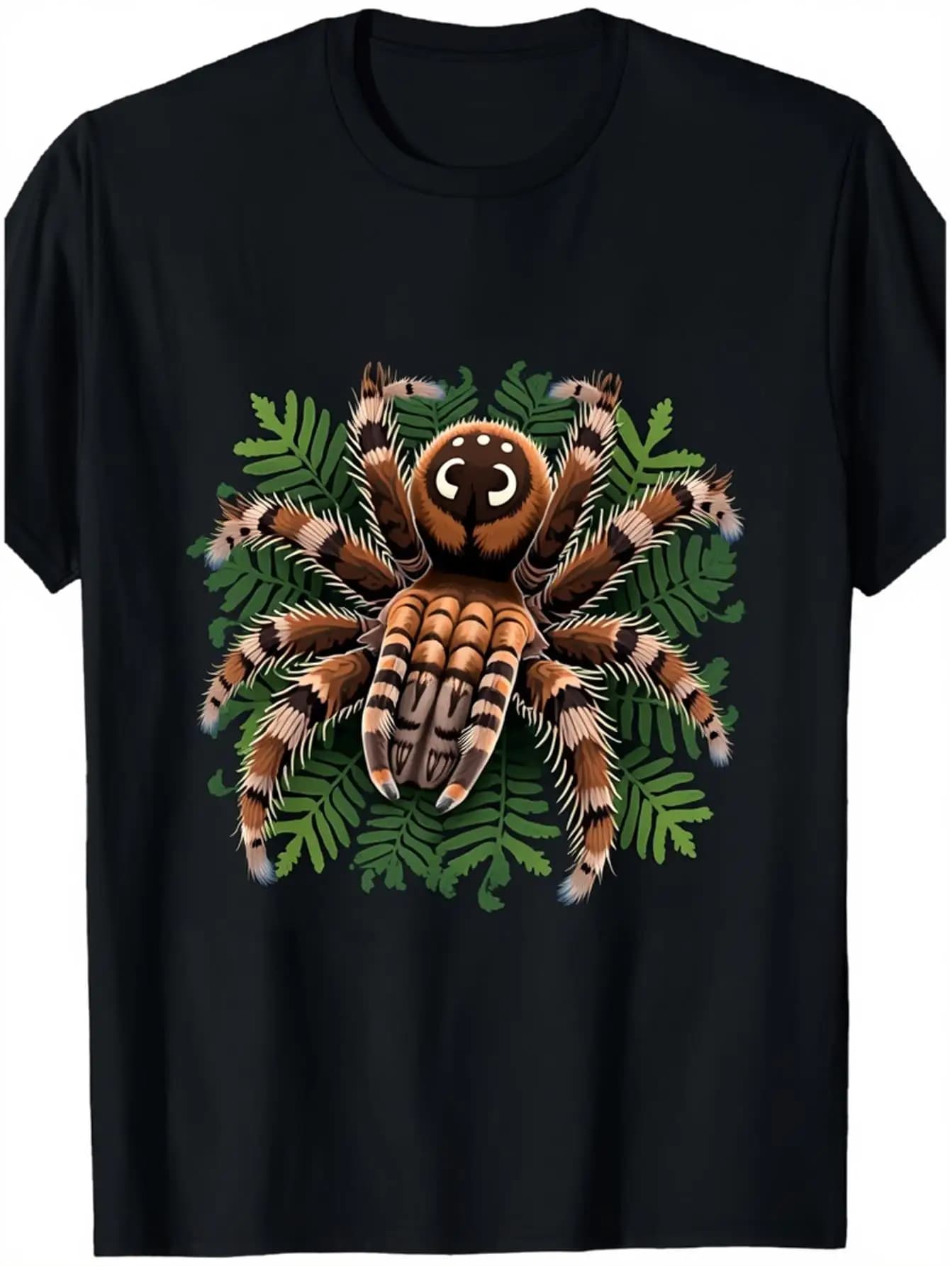 T-shirt nera con stampa di simpatiche foglie di ragnatela e felce | Maglietta a maniche corte con scollo rotondo, abbigliamento casual per tutti i giorni, con grafica