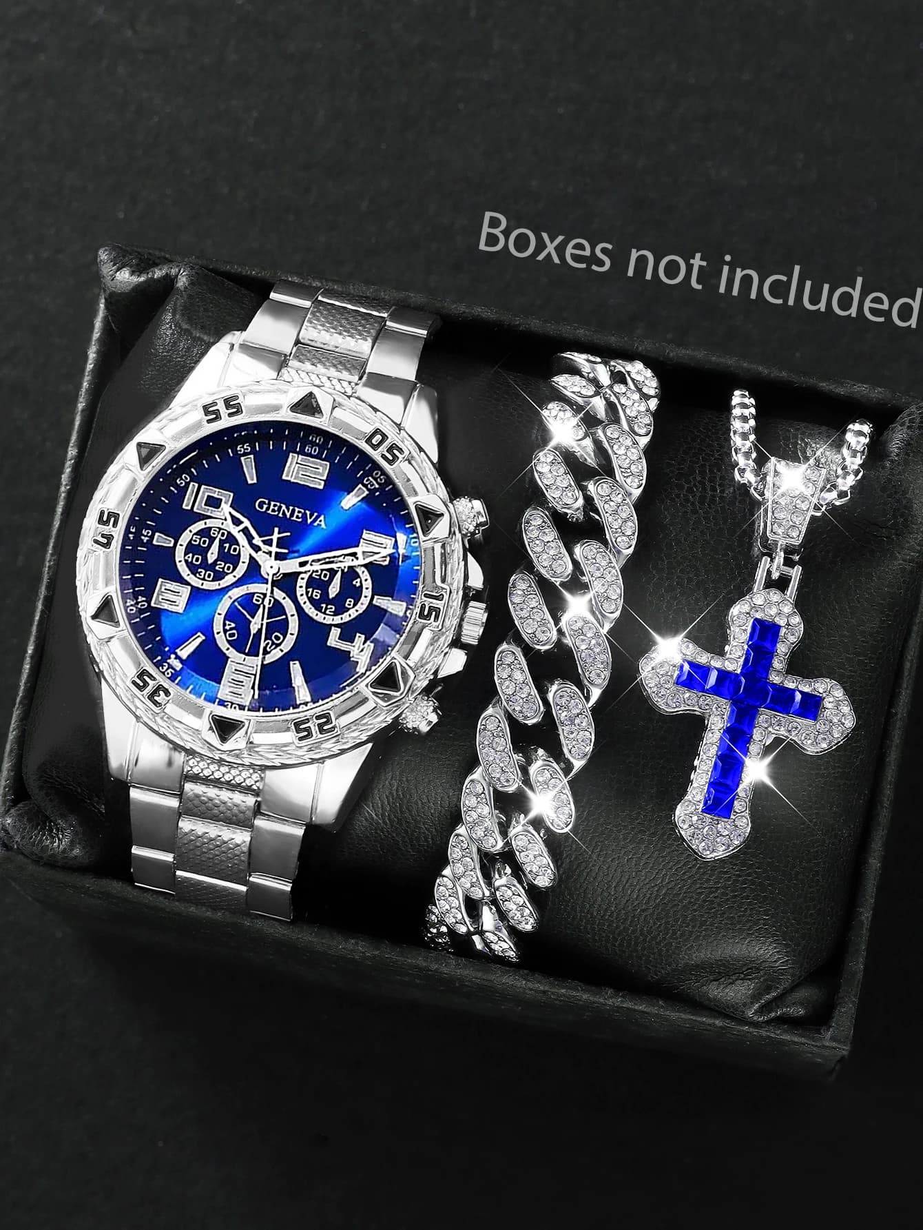 Orologio al quarzo da uomo con bracciale hip-hop incorporato e set di collane con croce. Migliore idea regalo di compleanno senza scatola