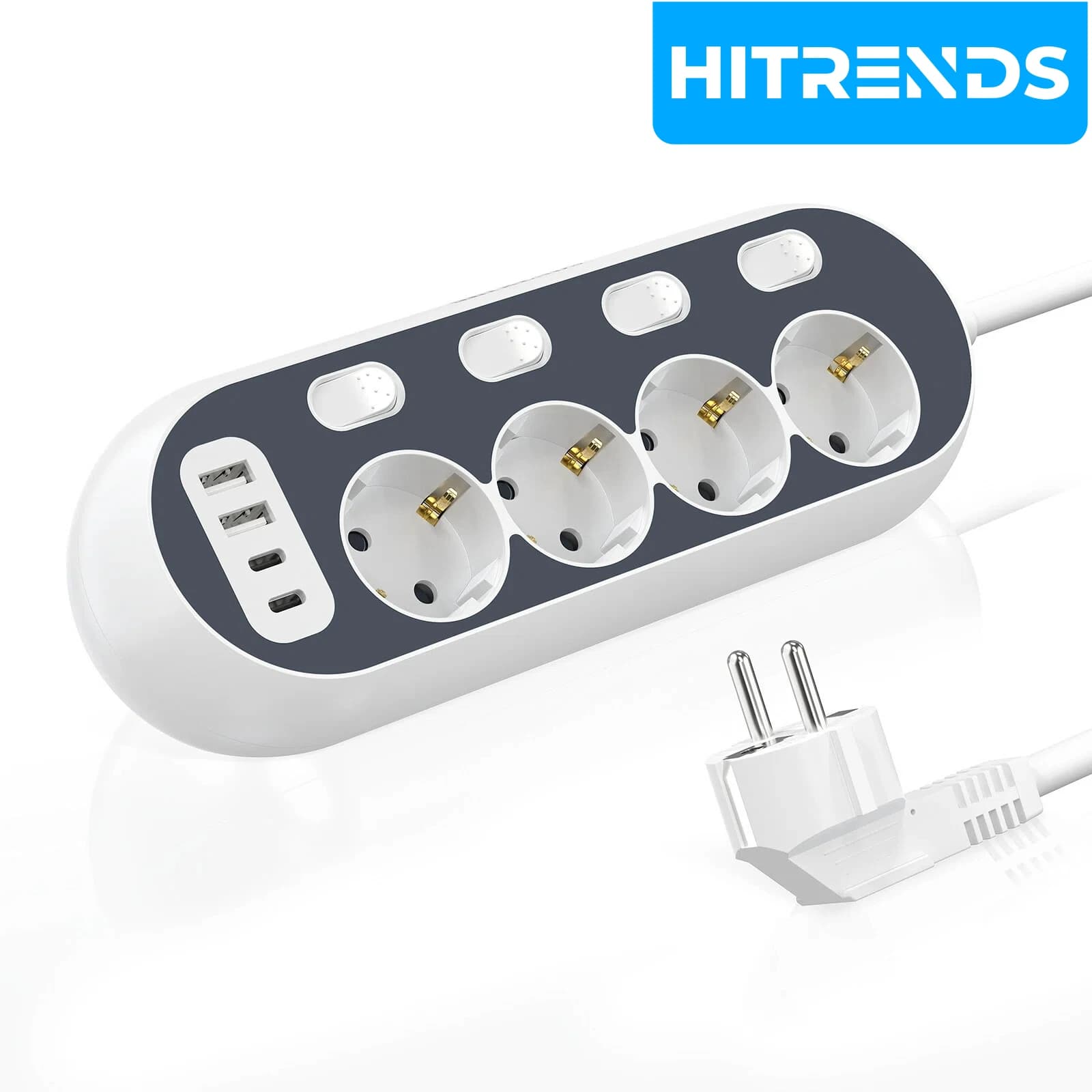 HITRENDS Presa da Tavolo con USB-C, Multipresa a 4 Vie con Interruttori Individuali, Protezione da Sovratensioni, Cavo da 2m, Grigio per Casa e Ufficio