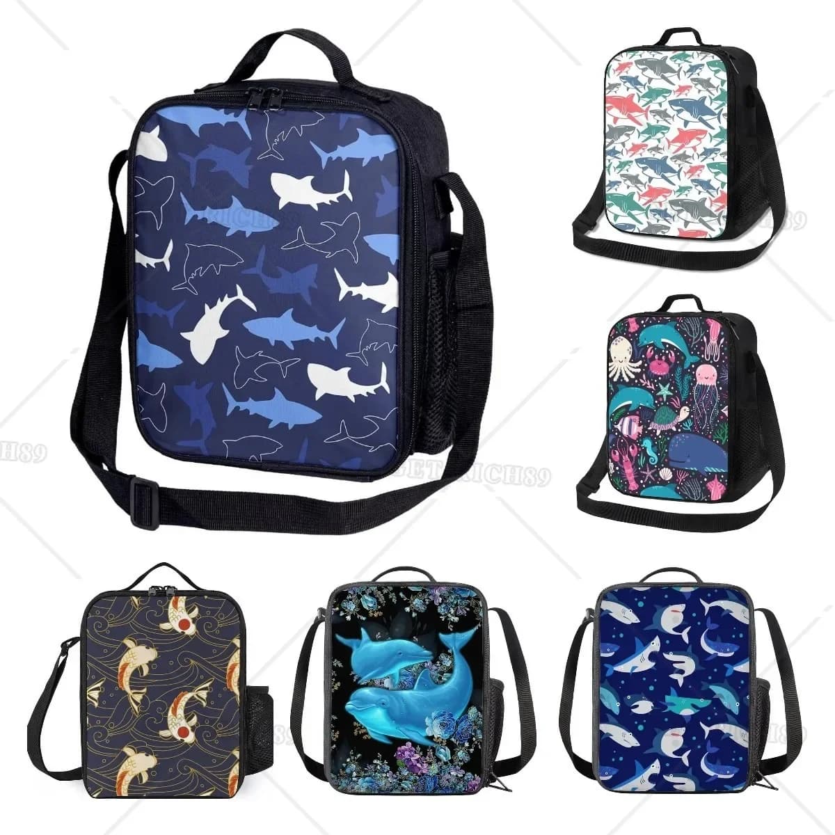 Scatola per il pranzo isolata con squalo pesce per ragazzi e bambini Borsa per il pranzo termica blu riutilizzabile a tenuta stagna Animale oceanico per il lavoro scolastico