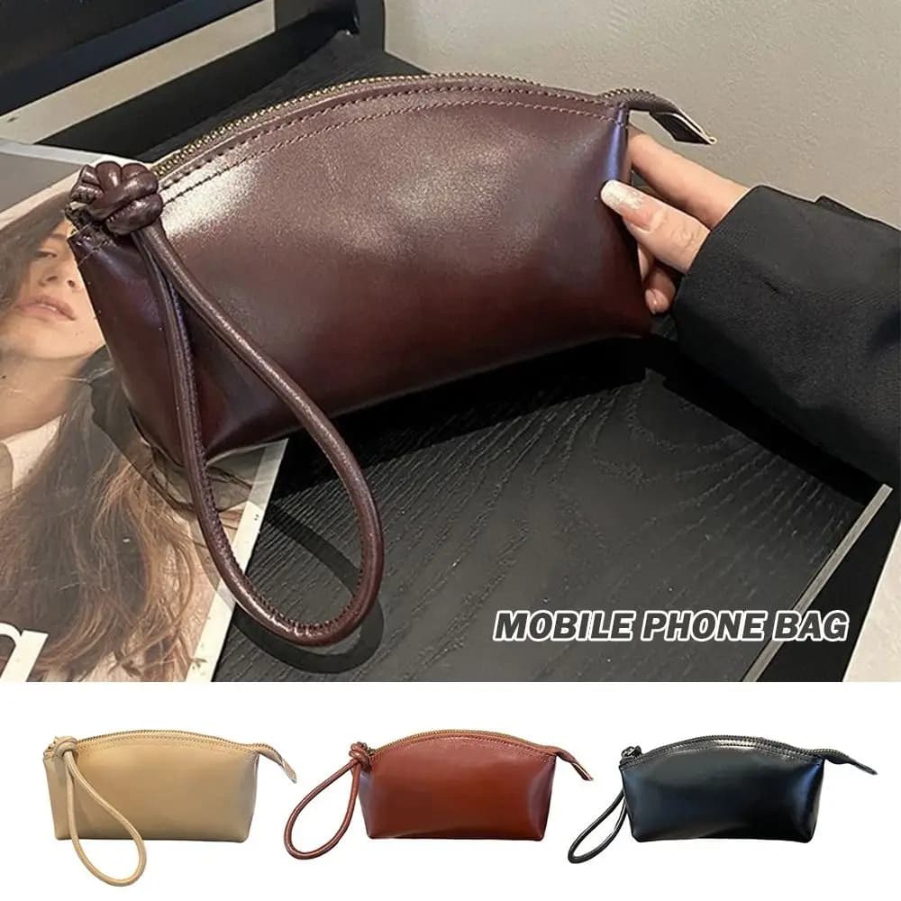 Large Capacity Vegetable Tanned Leather Handbag Light Luxury Simple Design Mobile Phone Bag Lightweight Wrist Coin Purse