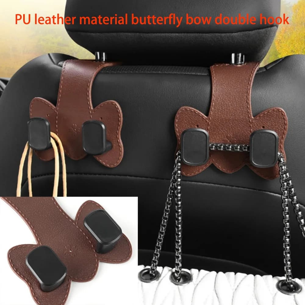1 Pezzo Gancio Portaoggetti Posteriore per Auto 2-in-1 in Pelle PU con Fiocco a Farfalla e Doppio Gancio, Senza Foratura, Nascondibile