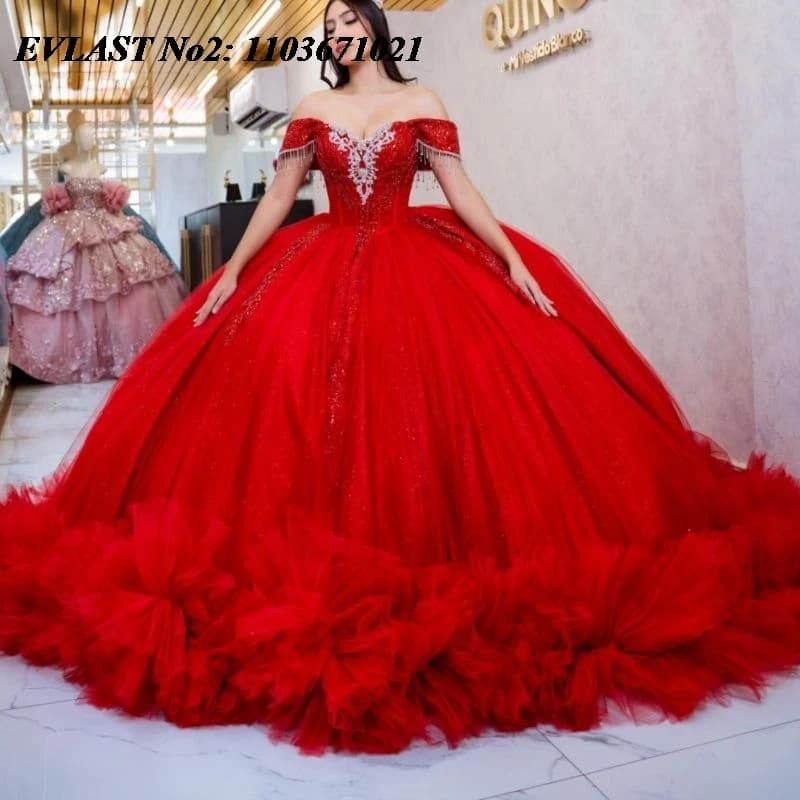 EVLAST Personalizzato Messicano Rosso Abito Quinceanera Off Spalla Applique Perline di Cristallo Increspature Dolce 16 Abiti 15 Anos E2QA132