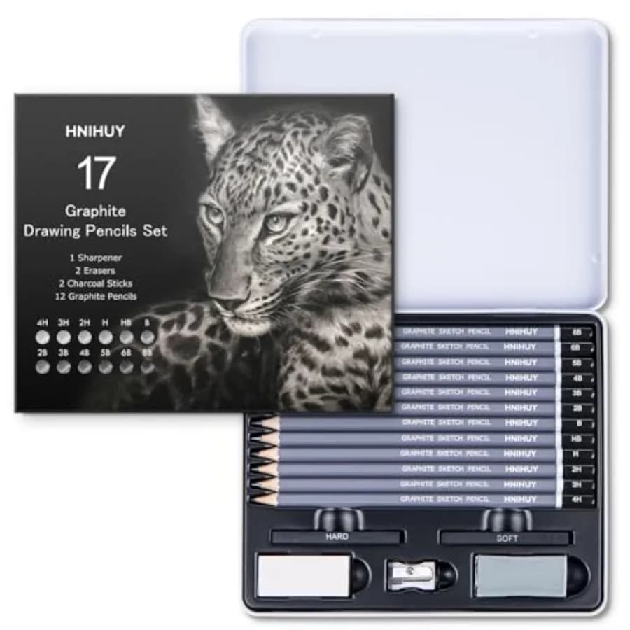 HNIHUY Professional Sketch Pencils Set, 17 Pcs, Graphite Pencils 8B-4H,Erasers and Sharpener, Art Drawing Pencil for Artists Be