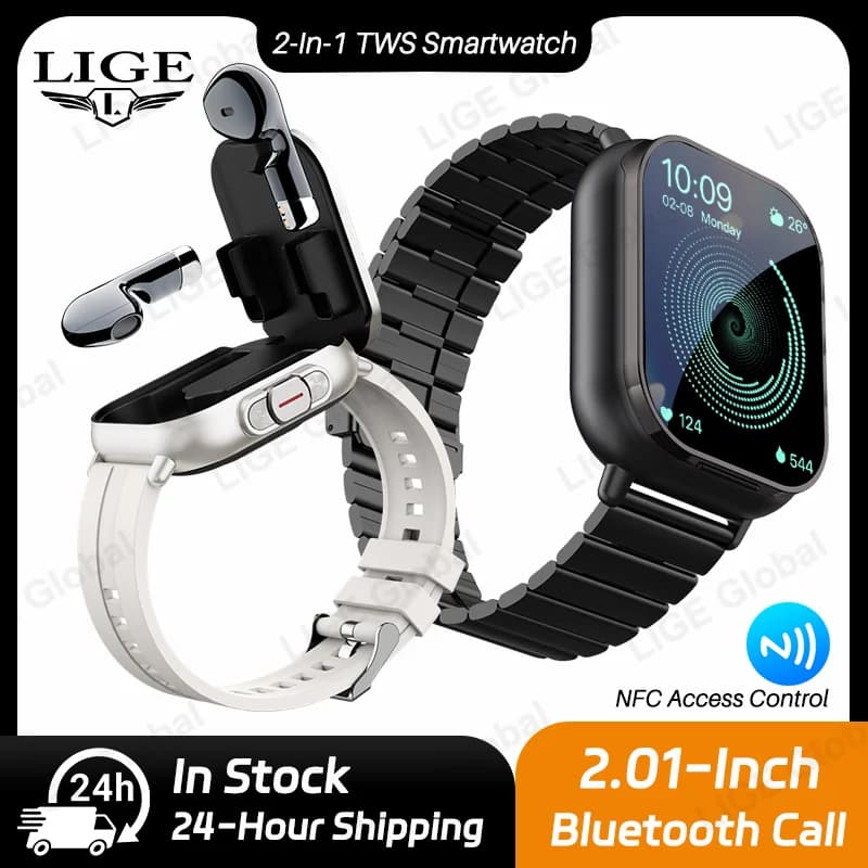 LIGE TWS 2-In-1 Headset Smart Watch Bluetooth Call NFC Heart Rate Blood Pressure Health Monitor Headphones Play Music Smartwatch