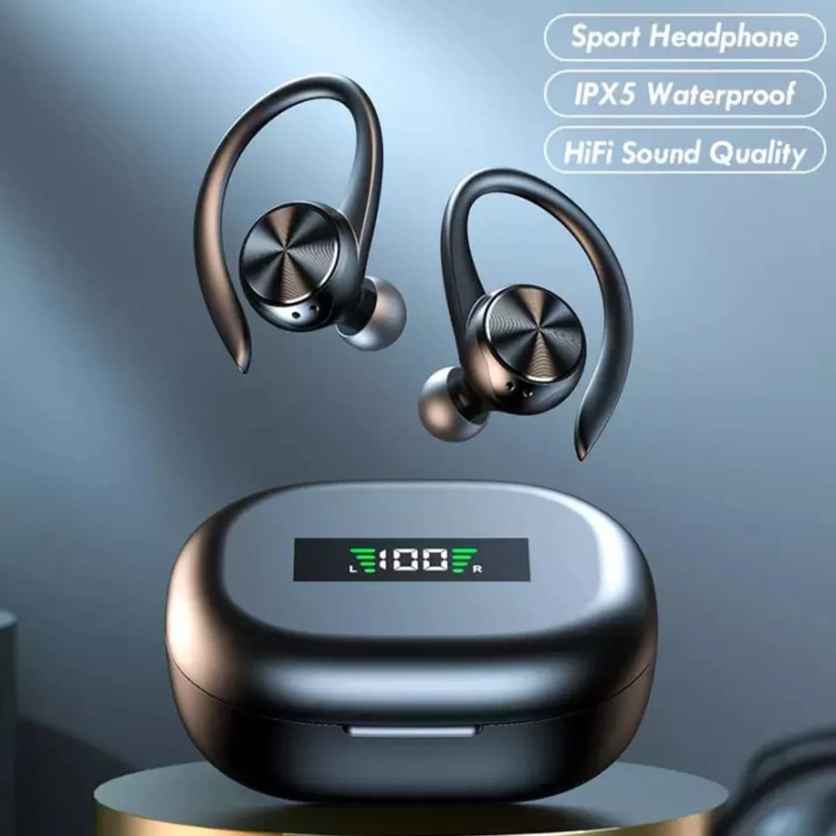 Bluetooth 5.0 Bluetooth Wireless Sports Headphones IPX5 with 500 mAh Rechargeable Case Hooks for Earrings Wireless Headphones HiFi 3D