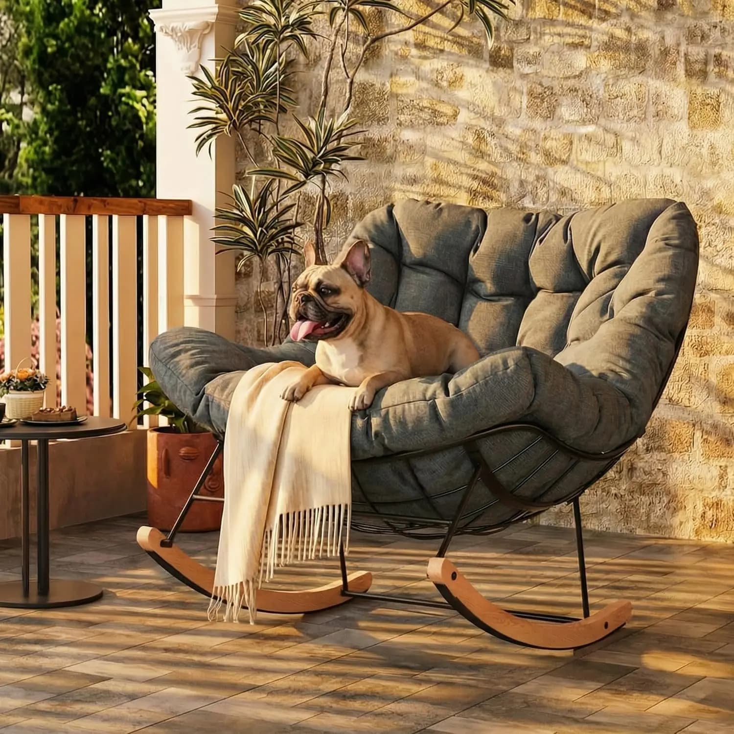 Poltrona a dondolo Papasan oversize con seduta imbottita spessa, sedia lounge moderna da patio con struttura in metallo e base in legno, profonda
