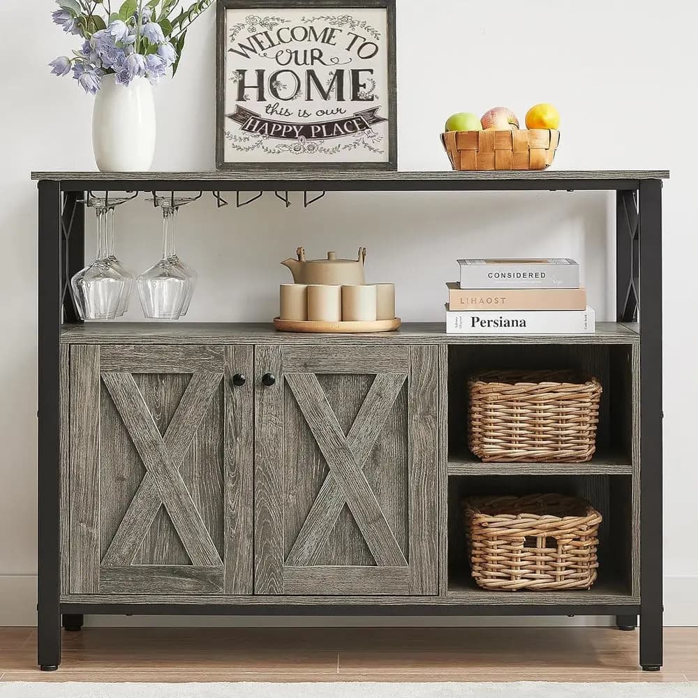 Credenza da Cucina Grigia 45.3 con Spazio di Archiviazione, Ripiani Regolabili e Portabicchieri