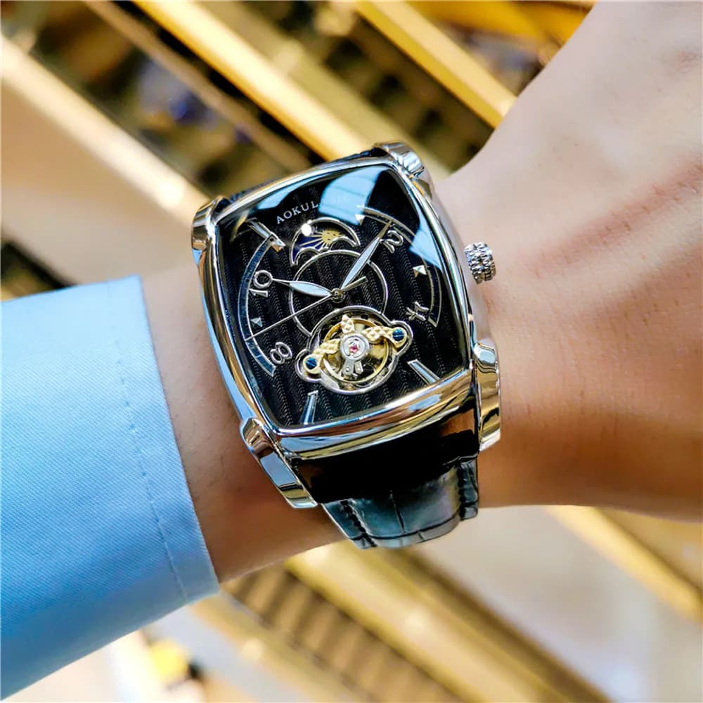 Orologio Meccanico Scheletrato Tourbillon AOKULASIC per Uomo, Lancette Luminose, Cinturino in Pelle, Orologio da Uomo Elegante e Professionale, Regalo di Marca Top
