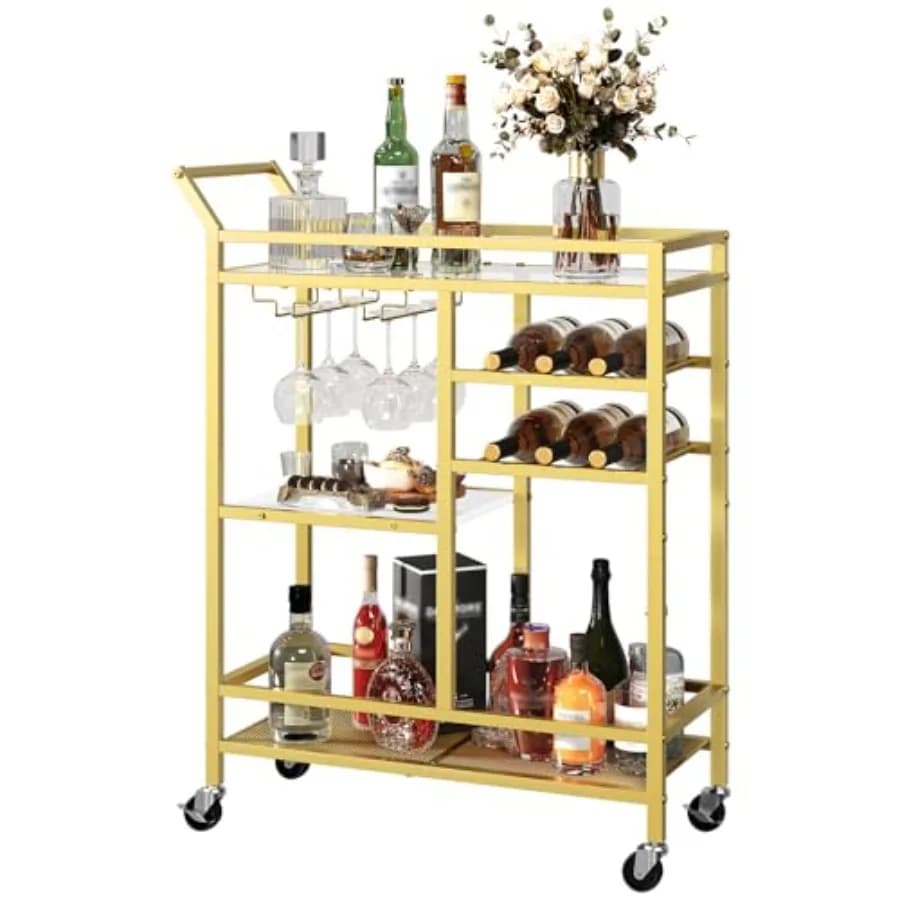 Carrello Bar per Casa, Carrello di Servizio a 3 Livelli con Piano in Vetro, Carrello Portabevande con Portabottiglie e Portabicchieri, Carrello per Bevande con Ruote