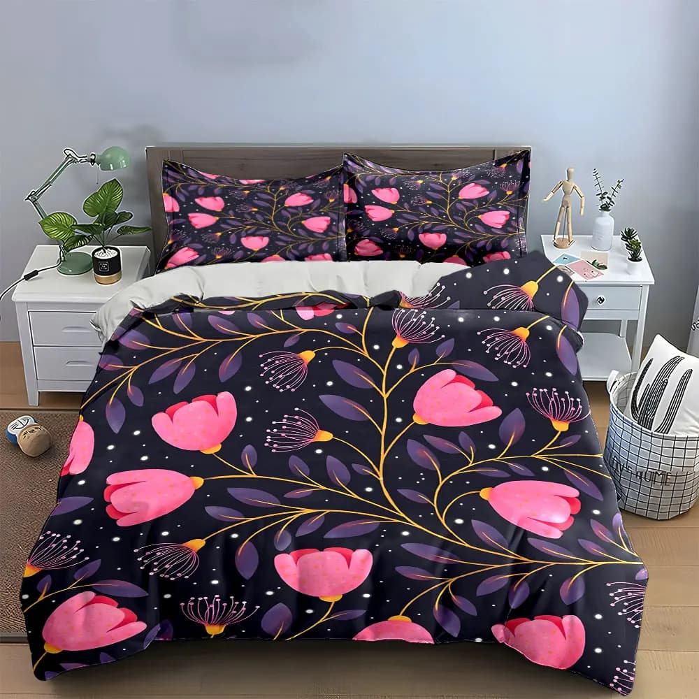 Set copripiumino 3 pezzi con motivo tulipano rosa e vite dorata, biancheria da letto floreale senza cuciture Dark Night, include 1 copripiumino e 2 federe, idea regalo