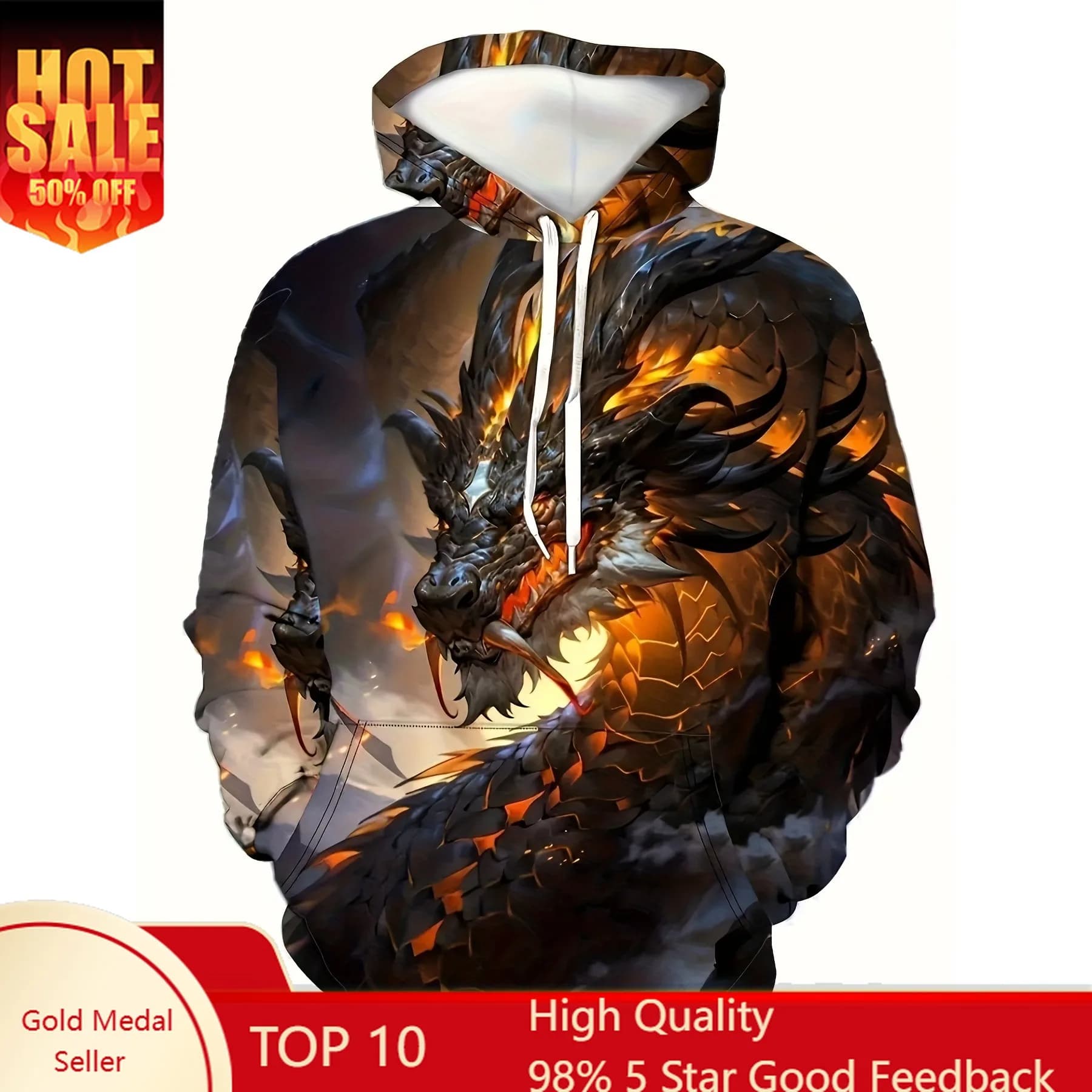 Men's casual hoodie with 3D dragon print in breathable polyester with long sleeves, perfect for outdoor activities, suitable for