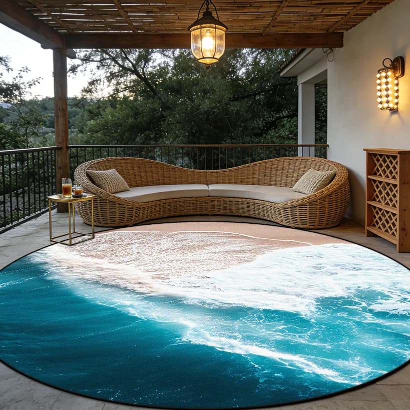 Immersive Wave Beach Round Carpet for Living Room Decoration Terrace Courtyard Antiskid Rug Easy Clean Fluffy Mat for Children