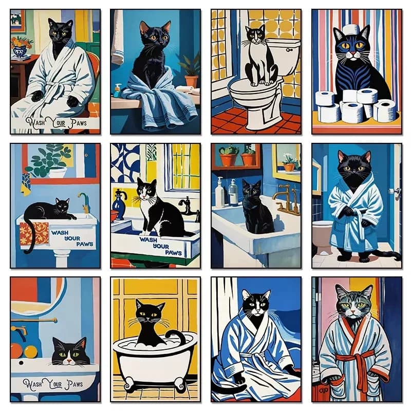 Funny Bathroom Black White Cat Bathrobe Bathtub Toilet Diamond Painting, Humorous Pet Animal Wall Decor For Home Living Room