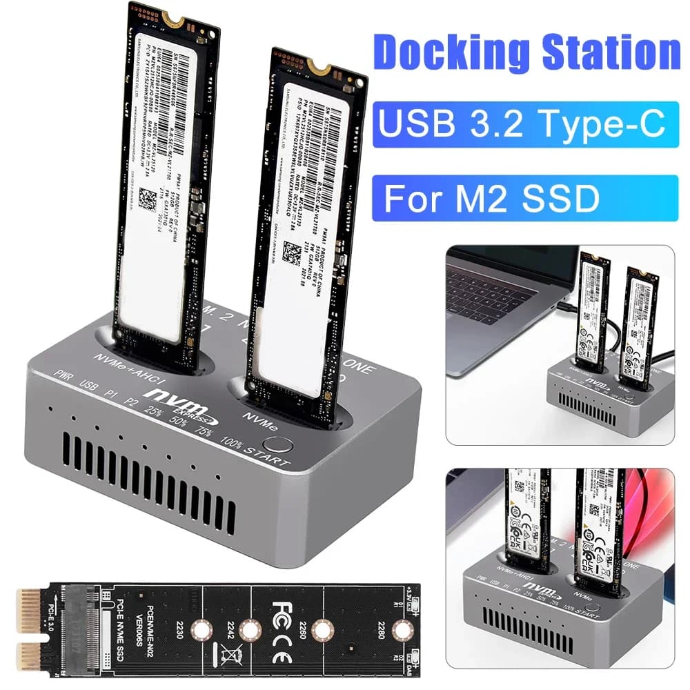 Docking Station Dual-Bay per SSD NVMe, Lettore USB 3.2 Type-C per Unità a Stato Solido / Adattatore NVMe / Box Esterno PCI-E per SSD M.2