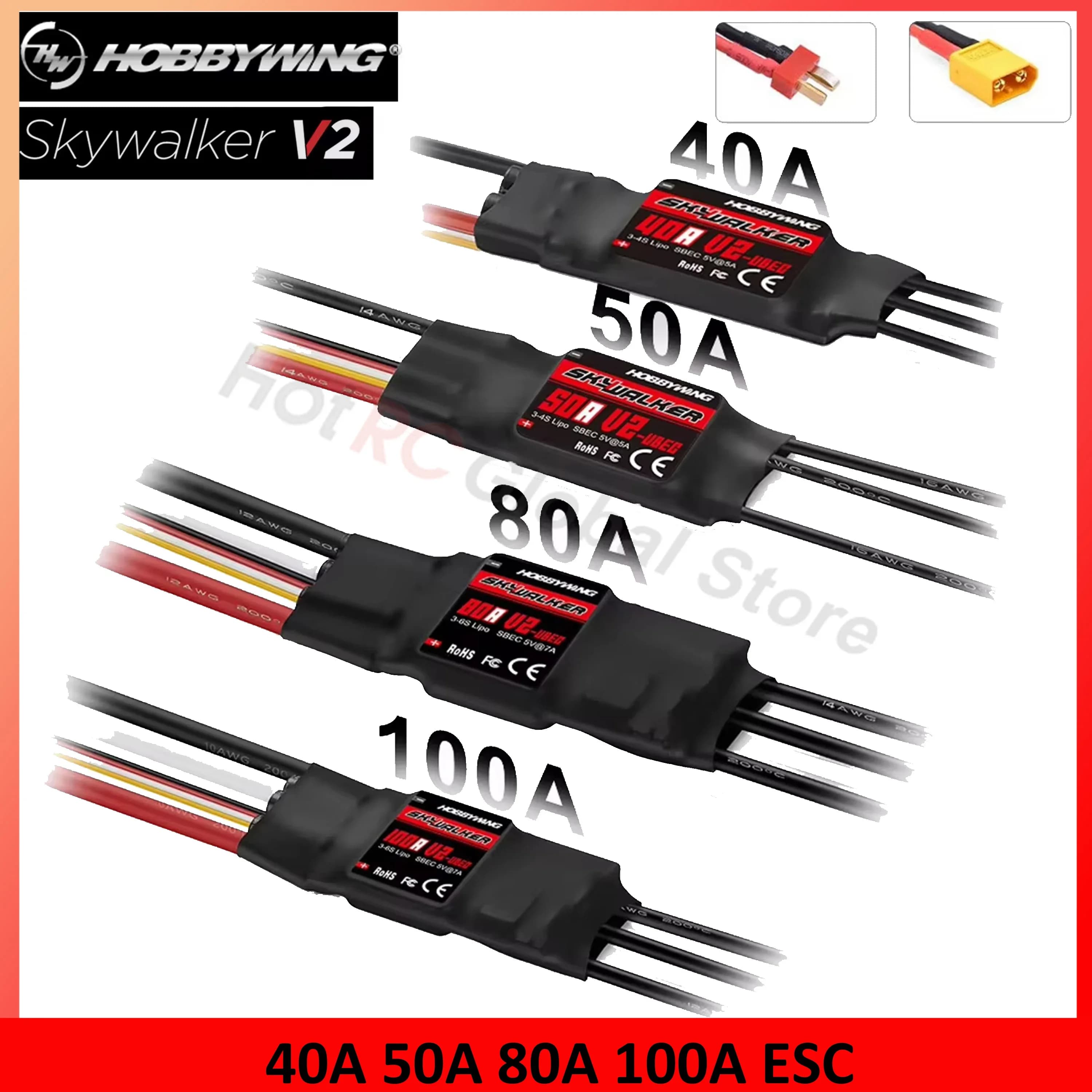 HOBBYWING Skywalker series V2 40A 50A 80A 100A Brushless ESC Speed Controller T/XT60 Plug for RC FPV Drone Quadcopter Plane