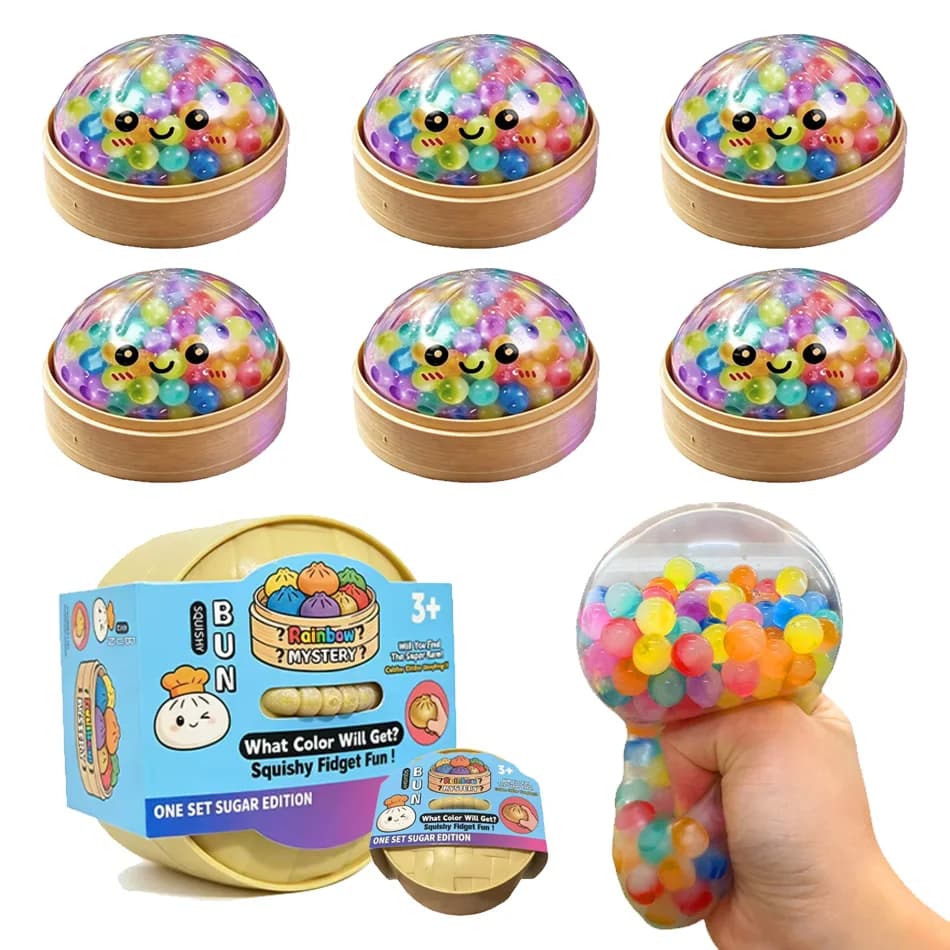 Colorful Rainbow Bead Dumpling Squishy Fidget Toy - Stress Relief Sensory Squeeze Toy with Bamboo Steamer Case for Kids