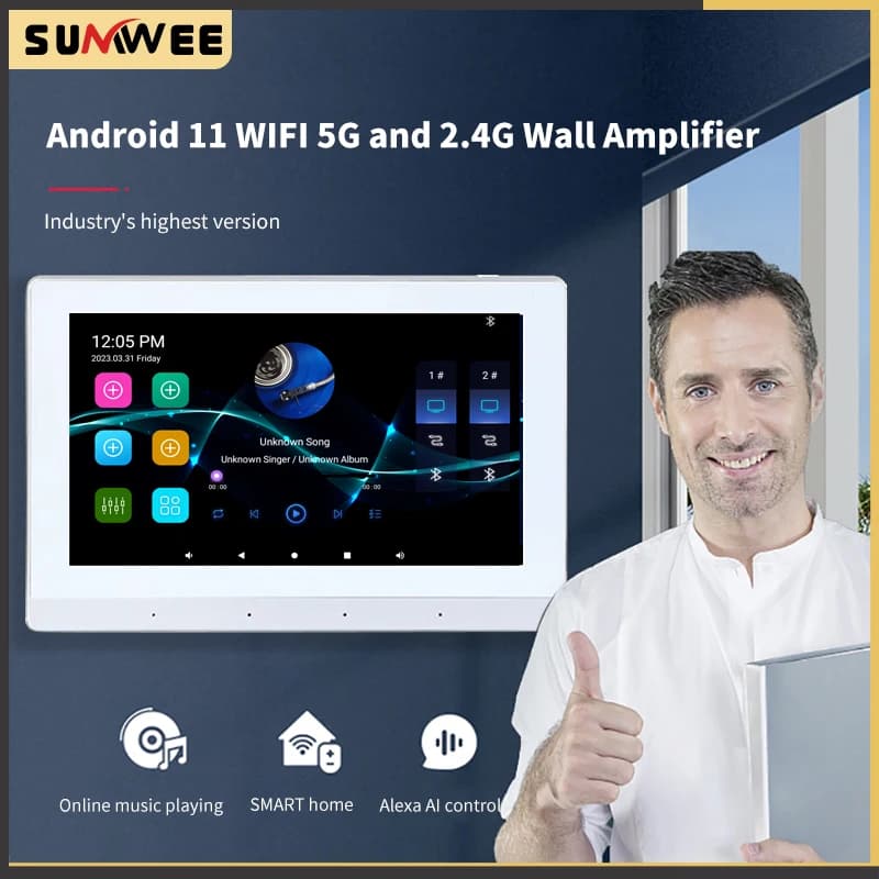 Touch screen Android 11 da 7 pollici wifi bluetooth scheda TF USB sfondo musica audio domestico amplificatore da parete
