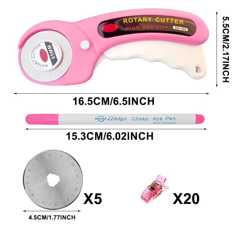 45mm Rotary Cutter Set with 5 Replacement Blades Fabric Marker Pen 20 Sewing Clips for Quilting Sewing Leather Fabric Cutting