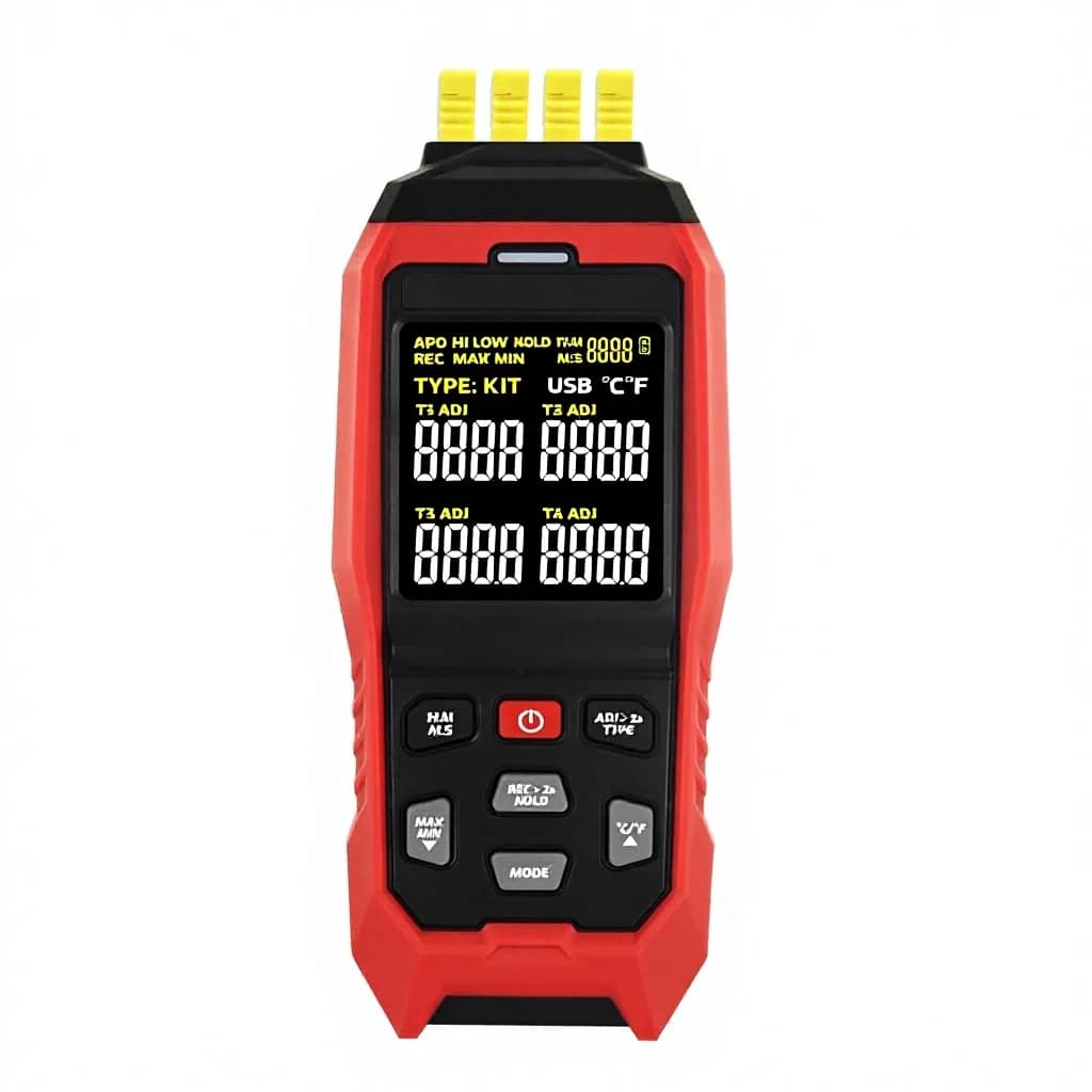 Termometro a Termocoppia a 4 Canali Tipi K/J/T con Registrazione Dati 5000 Gruppi Esportazione USB Range -328~2501F Allarme HVAC ADJ