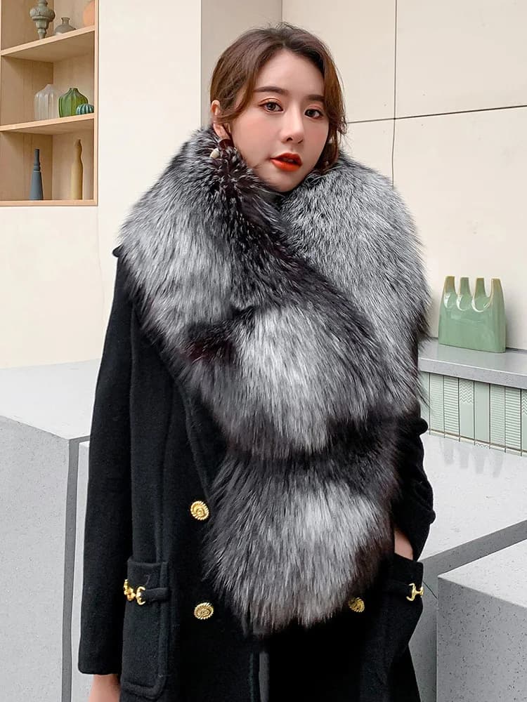Elegante argento volpe grande scialle di pelliccia per le donne inverno caldo vera pelliccia di volpe sciarpa sfilata di moda di lusso mantelle per banchetti collo sciarpe Wamer