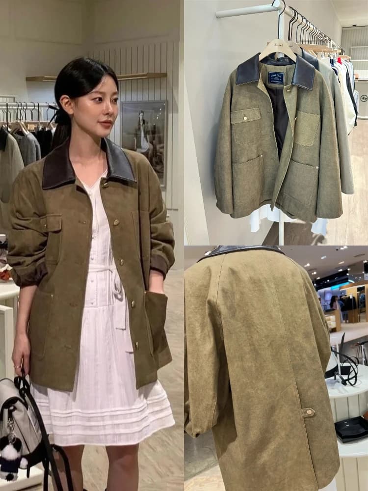 Loose Women's Workwear Jacket Casual Vintage Style Long Sleeve Button Closure Multi-Pocket Design Casual Fashion Top