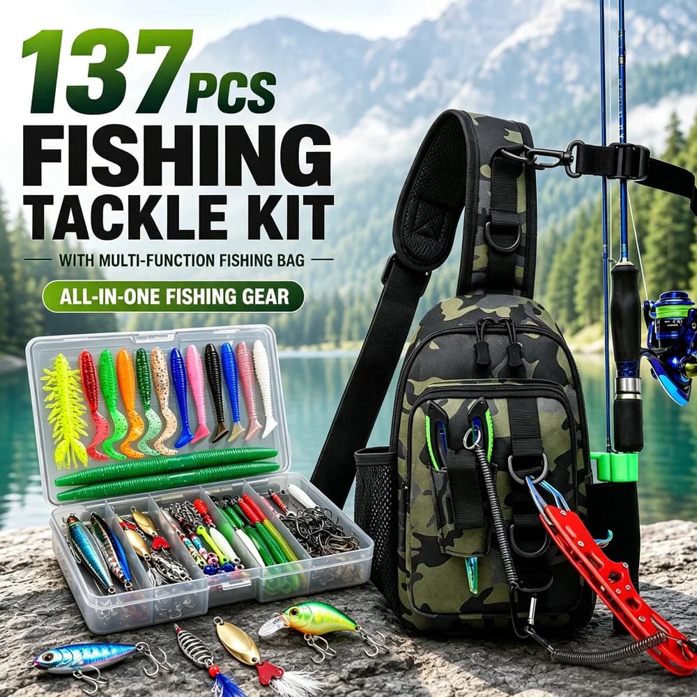 137PCS Fishing Lures Kit with Multi-function Sling Bag Portable Tackle Box Crankbait Spoon Worm Jig Hooks Freshwater Saltwater