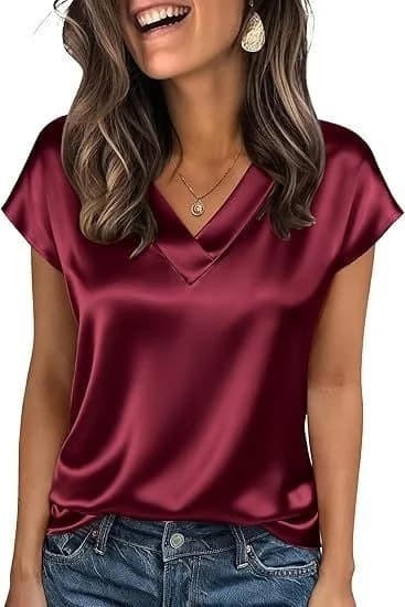 Nuovi arrivi transfrontalieri: Abbigliamento casual da donna in raso a maniche corte con scollo a V tinta unita, Collezione Primavera/Estate 2026 Amazon UE/USA