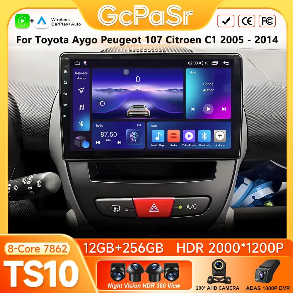 For Toyota Aygo Peugeot 107 Citroen C1 2005 - 2014 Car Radio Carplay Navigation GPS Android Auto Android 16 Display No 2din WiFi