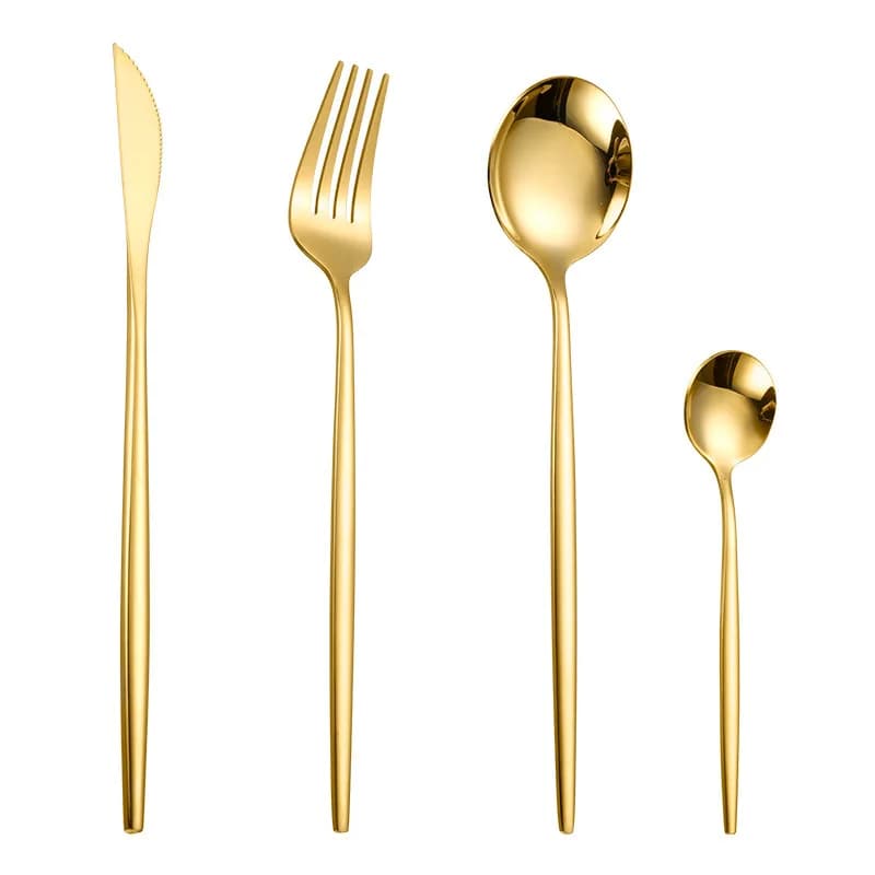 Golden cutlery set of 4 pieces, tableware set for fine dining, includes knives, forks and spoons, kitchen utensils with circular handle.