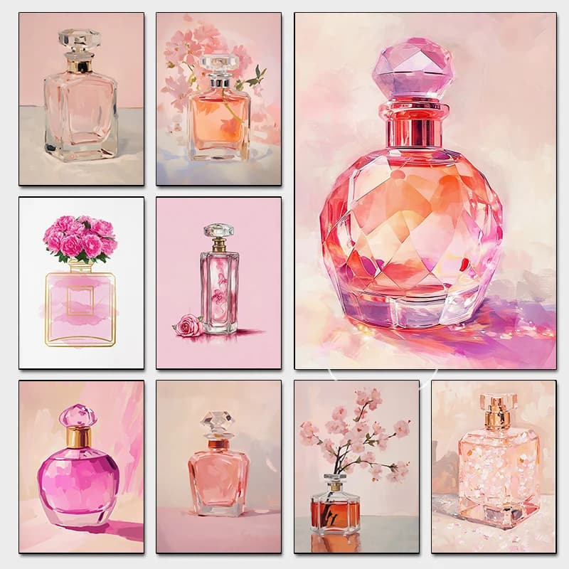 Elegant Pink Perfume Bottle Posters Luxury Girly Apartment Fashion Prints Diamond Painting Wall Art Pictures Home Bedroom Deco