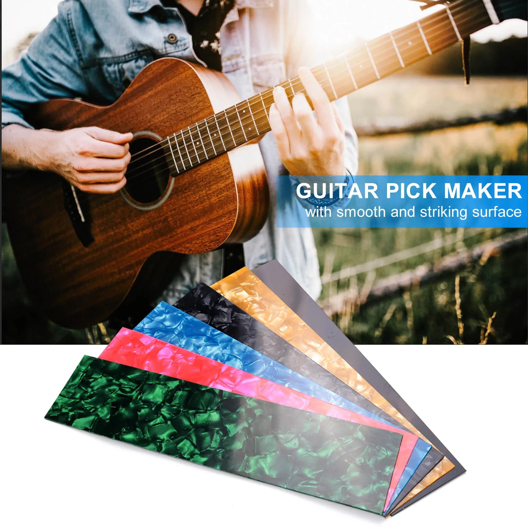 (AD10) Fogli per la creazione fai-da-te di plettri per chitarra, strisce di plettri in celluloide per musicisti, tre spessori: 0,46/0,71/0,96 cm, colore casuale