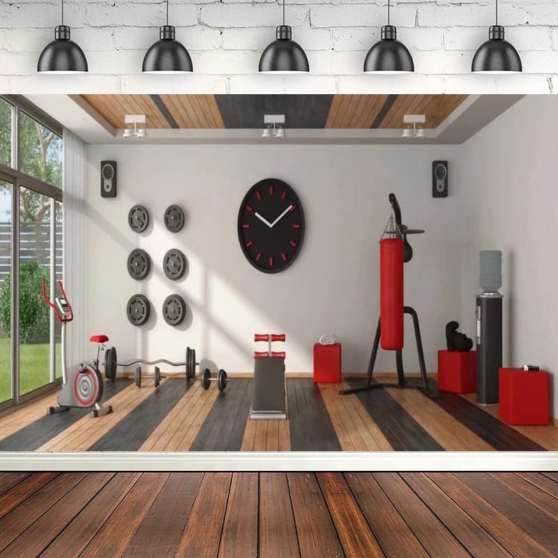 Modern Photo Wallpaper with Gym Equipment, Boxing Bag, Gym Theme, Birthday Party Background, Home Gym Banner, Poster