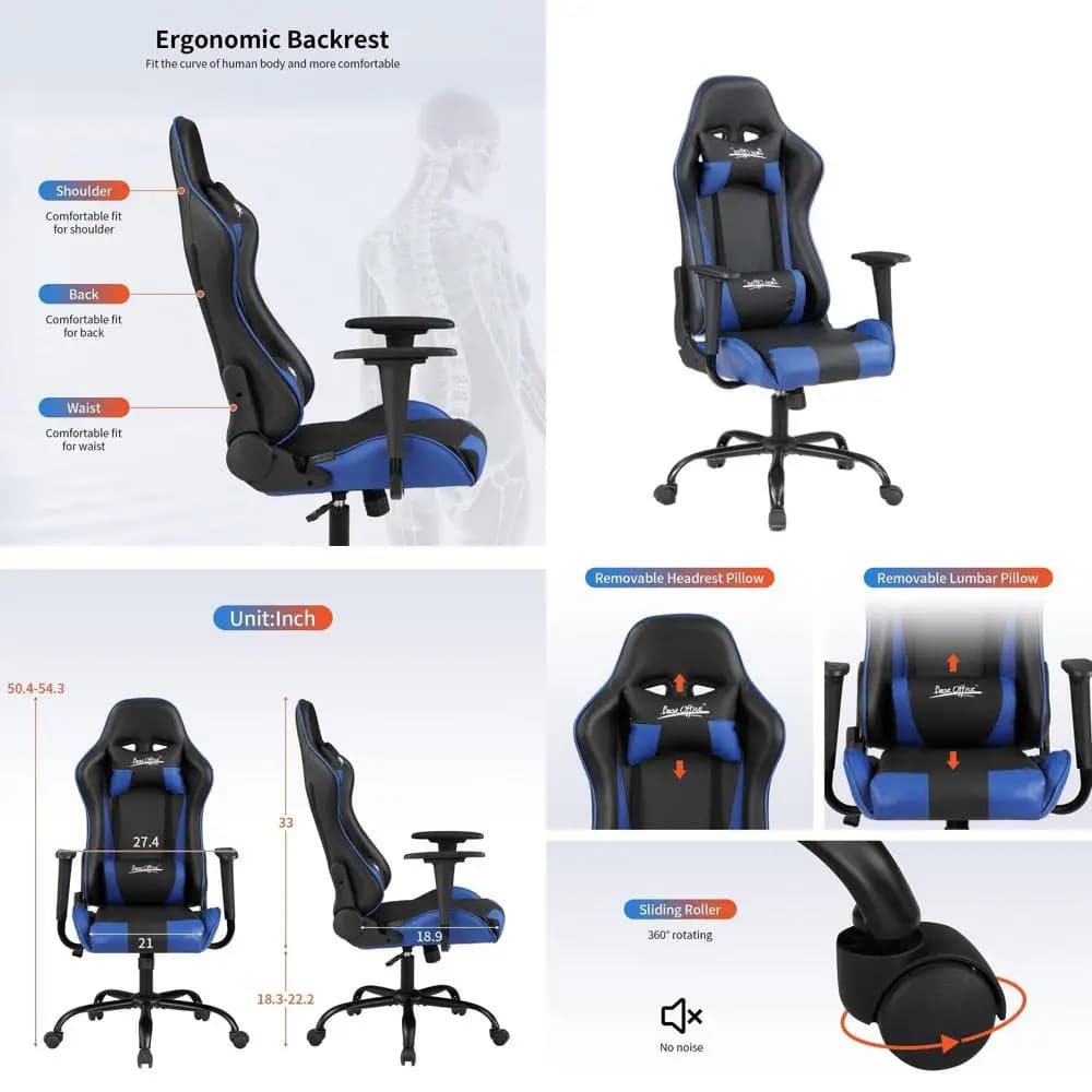 Sedia da Gaming Ergonomica in Pelle PU con Supporto Lombare, Sedia Stile Racing con Schienale Alto per PC e Adulti/Teenager - Blu, Regalo di Natale