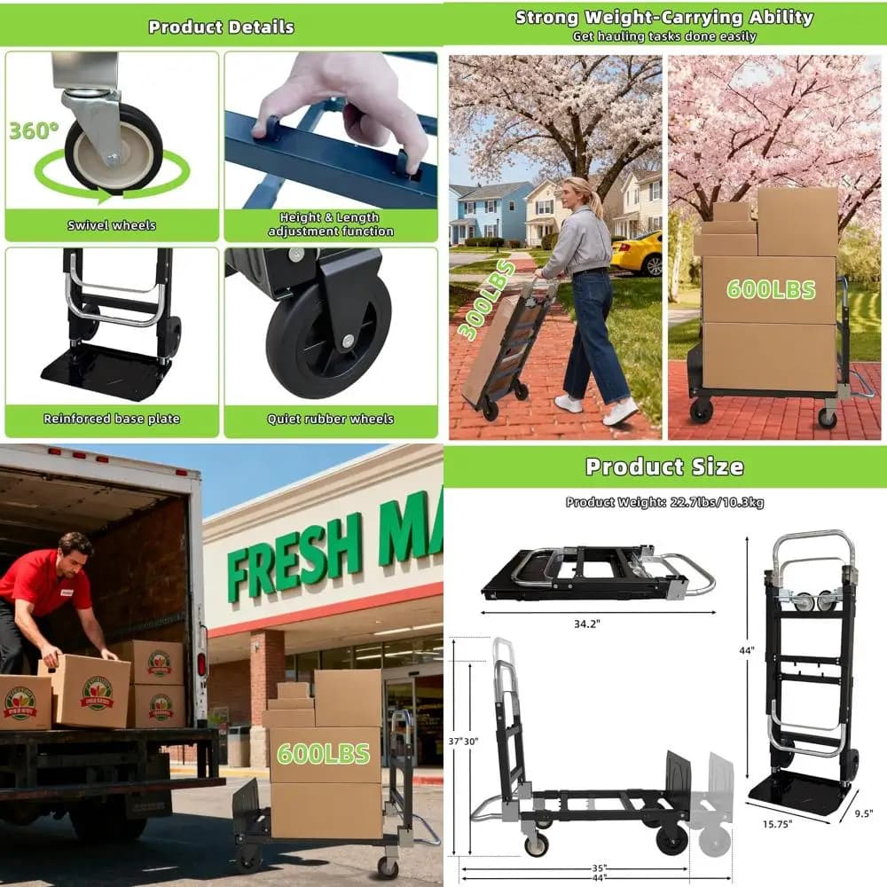 Carrello multiuso pieghevole 3 in 1, carico di 600 libbre, carrello pieghevole durevole con manico telescopico e 4 ruote in gomma per la casa, fuori