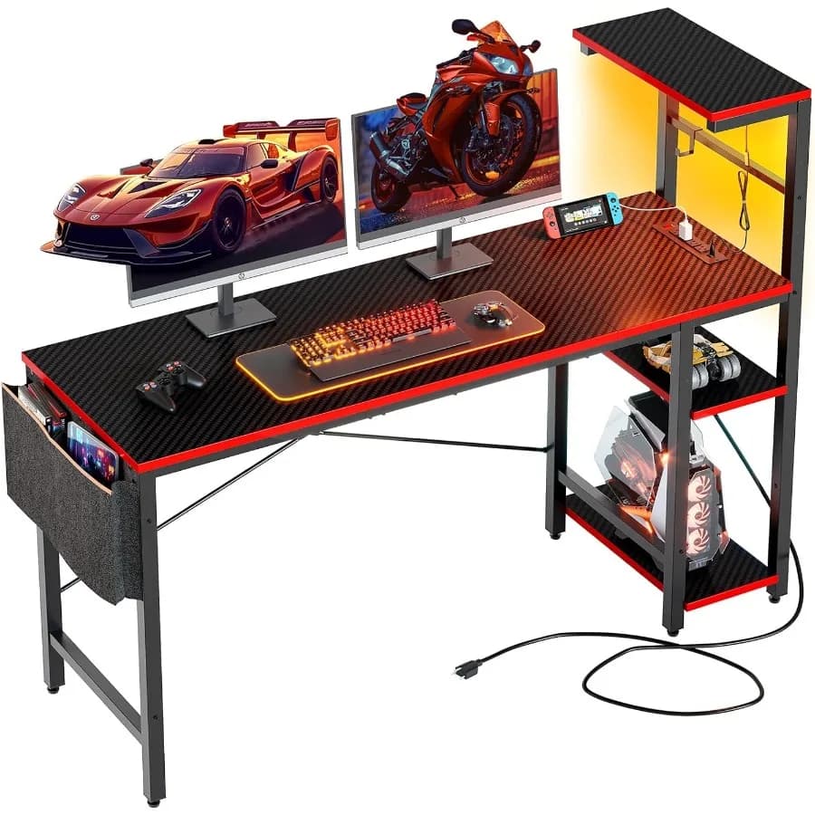 61 inch large gaming desk with integrated current sockets and 4 reversible shelves for PC fans with headphone hook and S